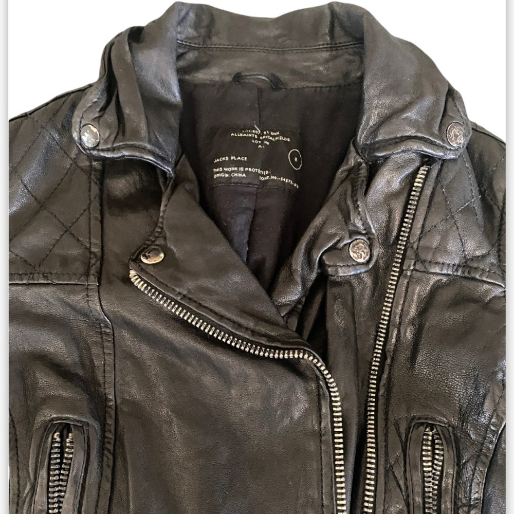 All Saints Worley Cropped 3/4 Sleeve Moto Leather Jacket - Picture 3 of 16